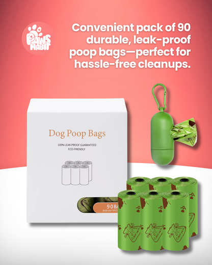 Dog Poop Leak Proof Bags with Dispenser and Leash Clip, Unscented, 90 Count, 13 Inch x 9, Green