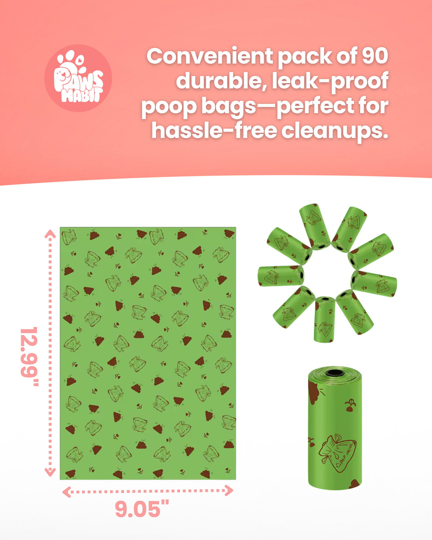 Dog Poop Leak Proof Bags with Dispenser and Leash Clip, Unscented, 90 Count, 13 Inch x 9, Green